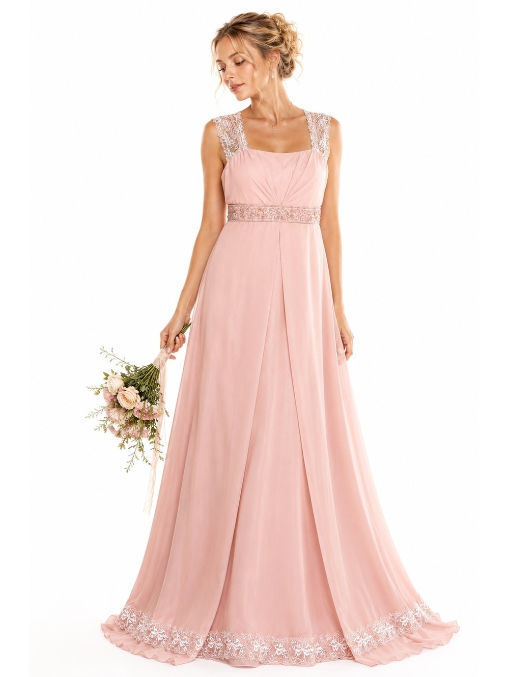 Vintage Michaelangelo Blush Pink Chiffon Empire Waist Lace Formal Gown - Size 12